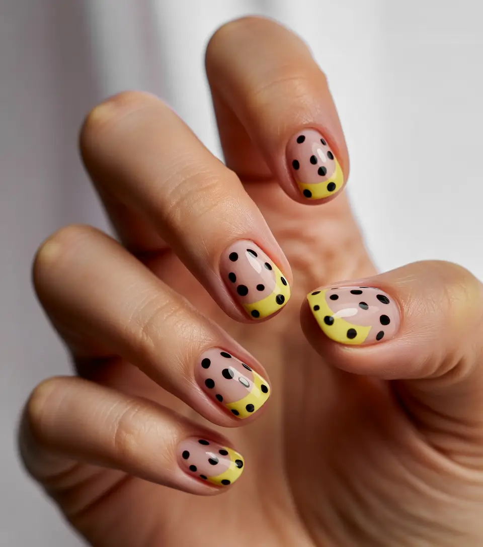 summer round nails ideas 2025 Playful Dots & Yellow French: Summer’s Retro Mood