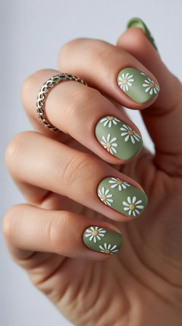 summer round nails ideas 2025 Matte Olive & Daisies: Soft & Whimsical