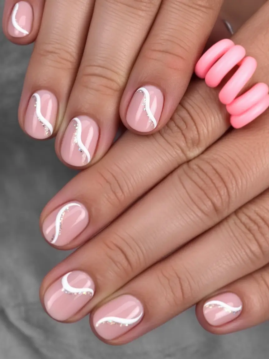 summer round nails ideas 2025 Glossy Pink with White Waves: Clean & Modern