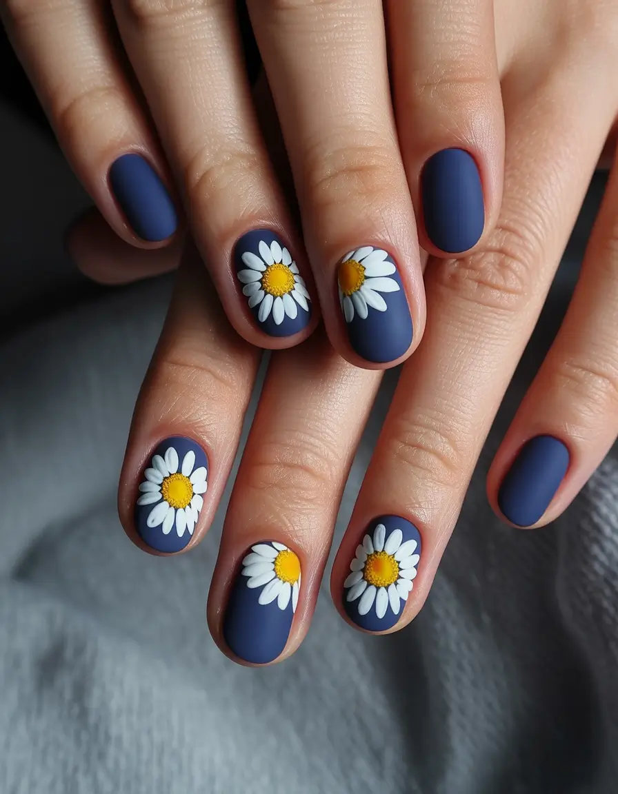 summer round nails ideas 2025 Matte Navy & Daisies: Cool Contrast