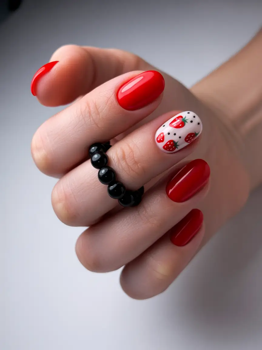 summer round nails ideas 2025 Strawberry Crush: Red with a Twist