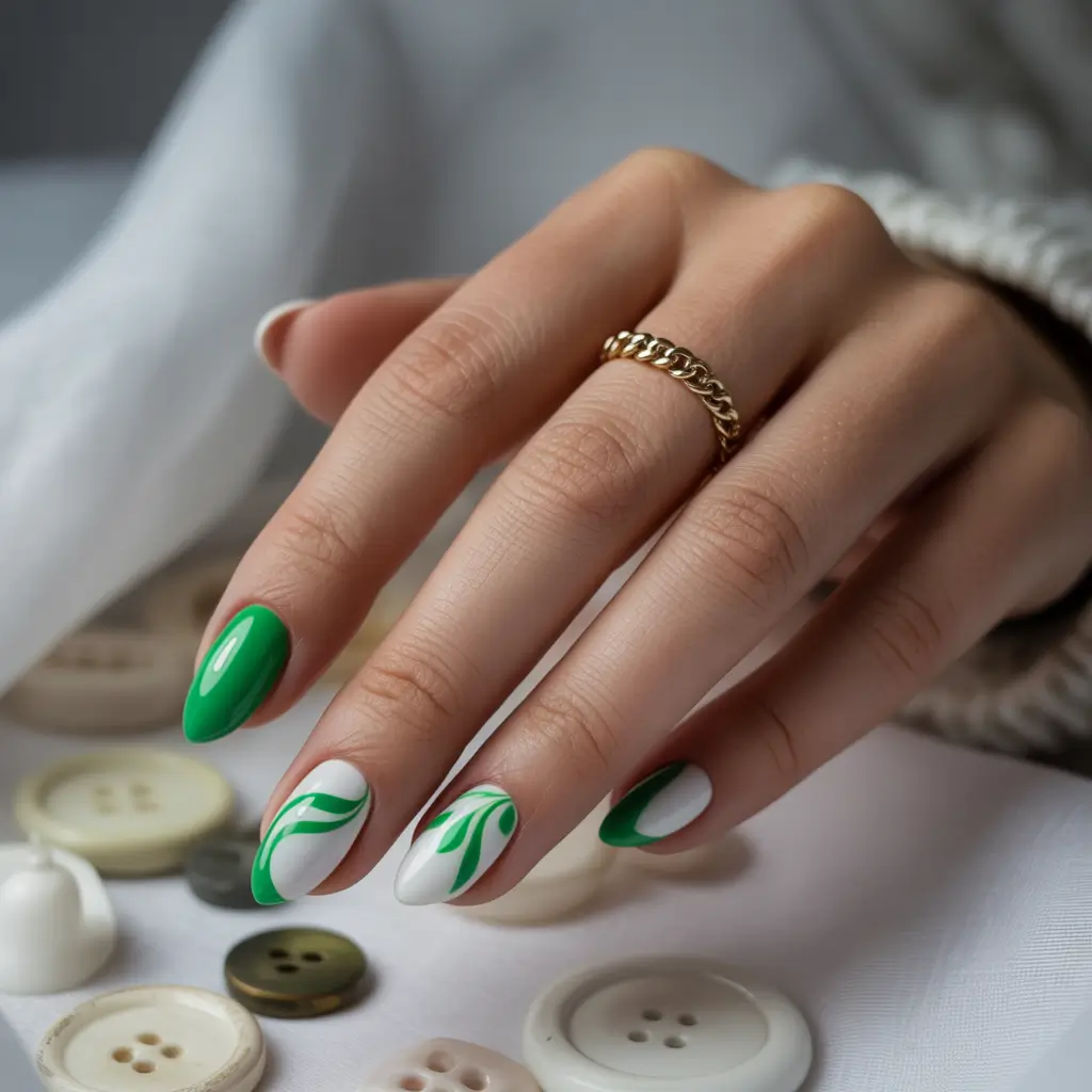 summer short acrylic nails ideas 2025 Minimalist Green & White