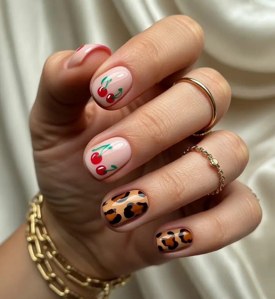 summer short acrylic nails ideas 2025 Cherry Bomb Meets Leopard Pop