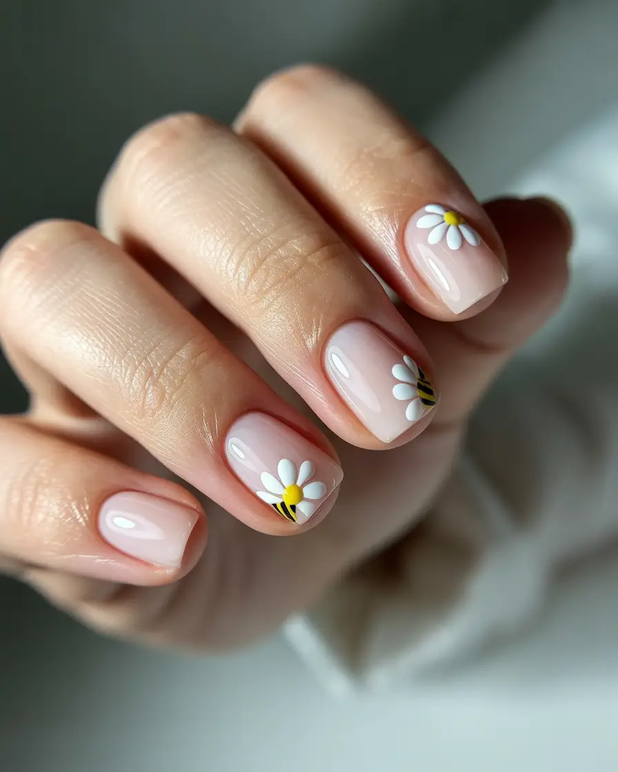 summer short acrylic nails ideas 2025+Daisies and Bees, Please
