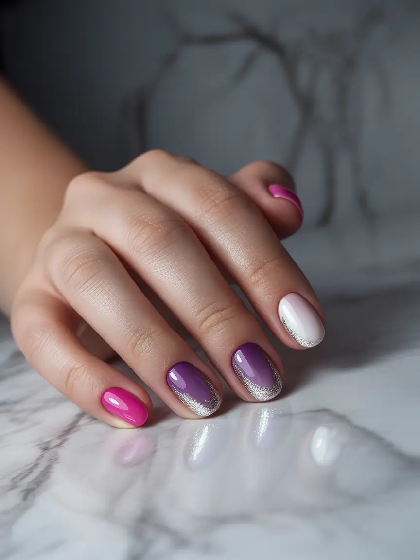 summer short acrylic nails ideas 2025+Berry Fade & Silver Dust