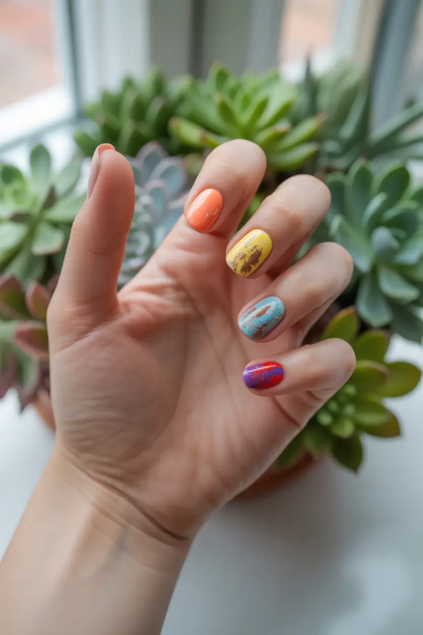 summer short acrylic nails ideas 2025+Sunset Brushstroke Mosaic