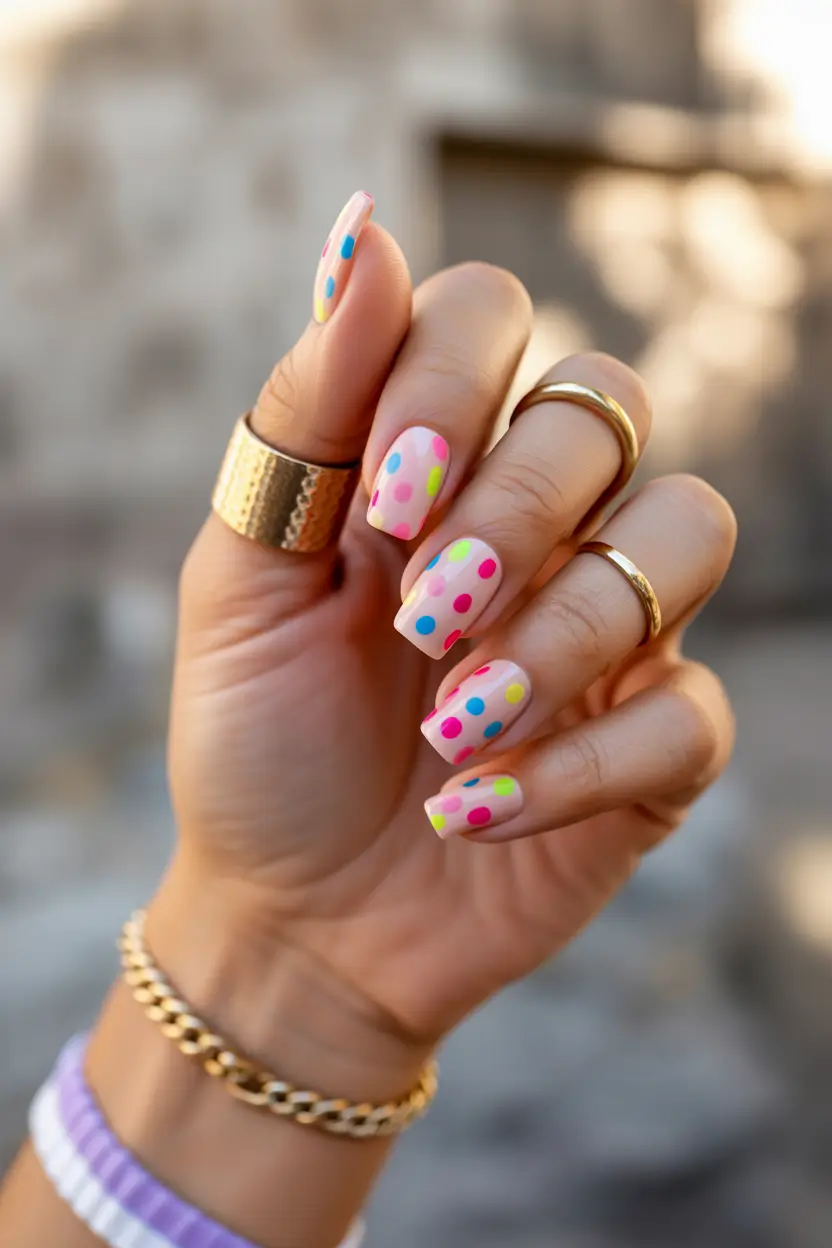 summer short acrylic nails ideas 2025+Candy Dot Carnival