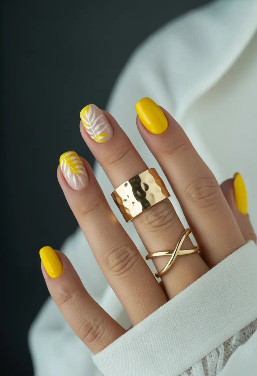summer short acrylic nails ideas 2025+Zesty Lemon Leaves