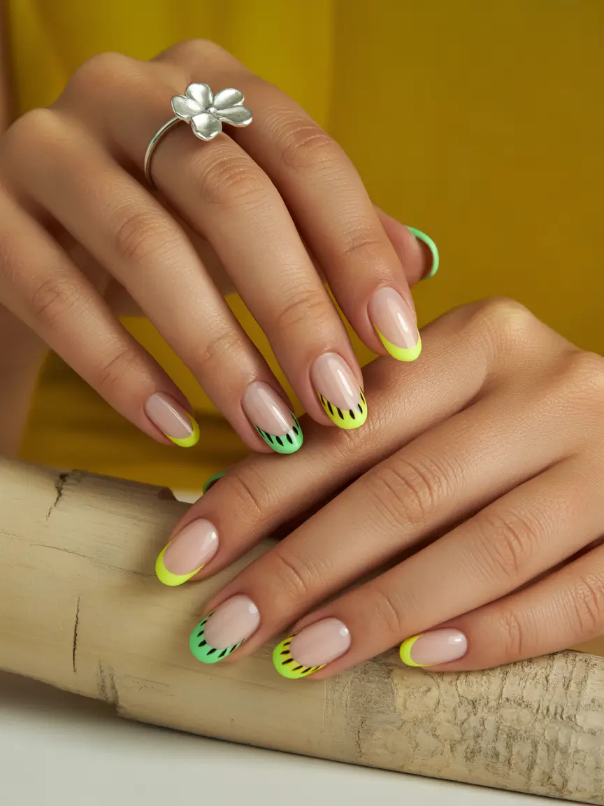 summer short acrylic nails ideas 2025 Neon Kiwi Frenchies