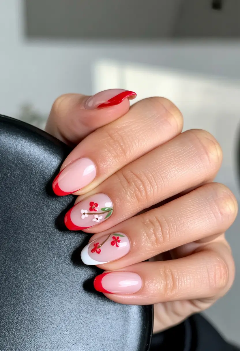 summer short acrylic nails ideas 2025 Cherry-Tipped & Red Bloomed