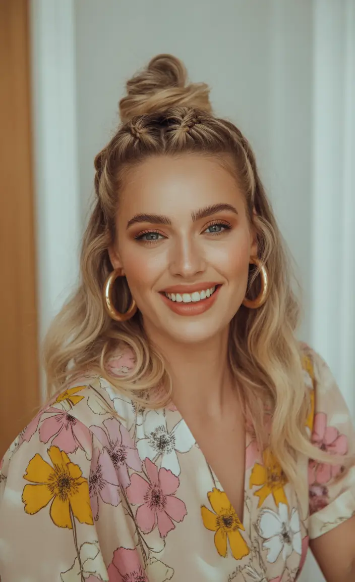 Summer Simple Hairstyle 2025: Effortless Looks Half-Up Braided Crown with Loose Waves