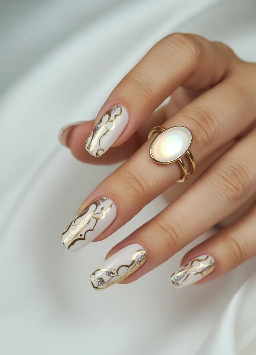 summer white nails ideas 2025 Deco Swirls and Champagne Shine