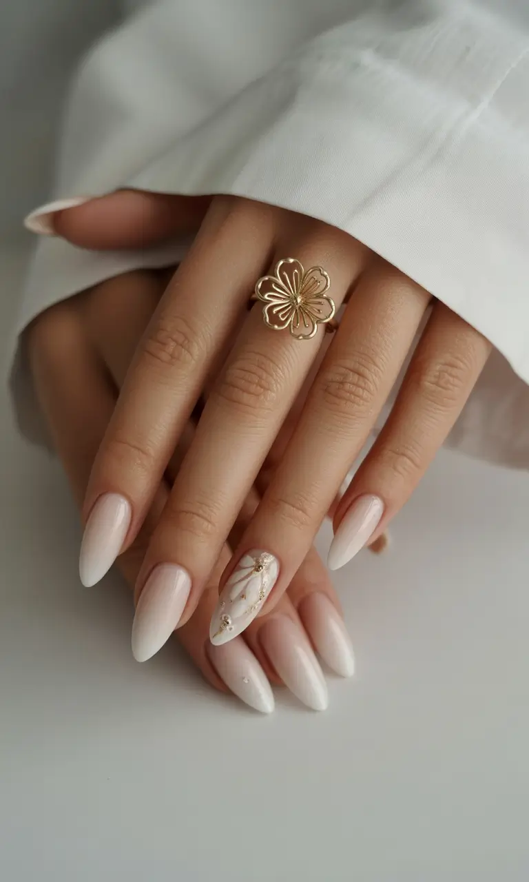 summer white nails ideas 2025 Pressed Petals and Gold Dust