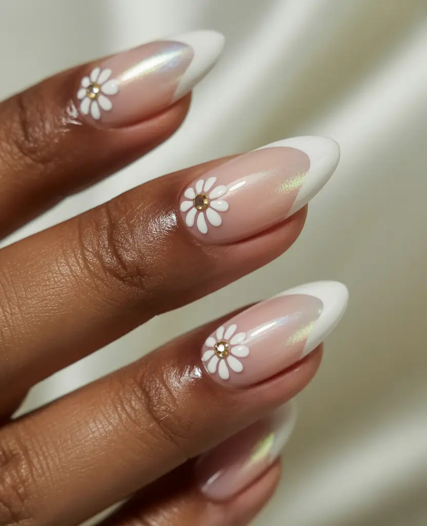 summer white nails ideas 2025 Daisy French Tips with a Golden Twist