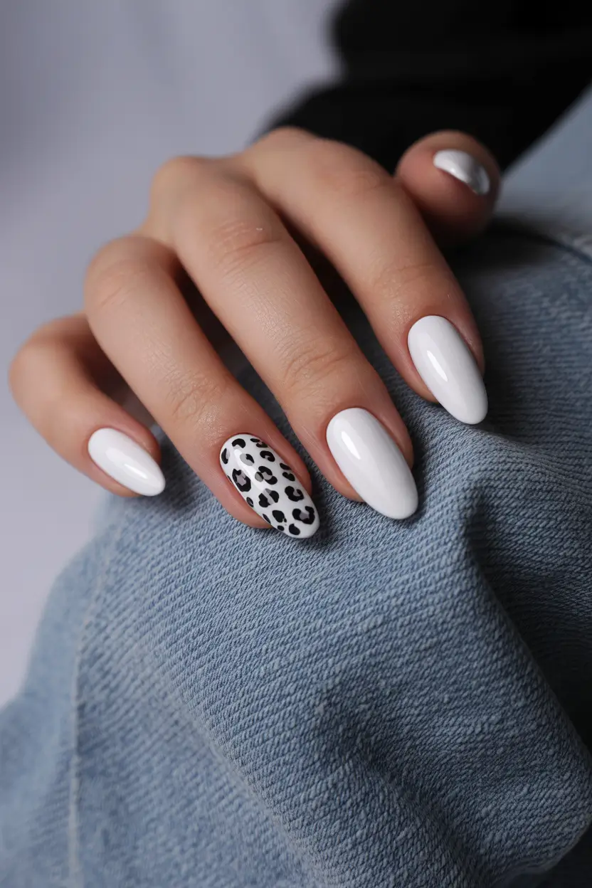 summer white nails ideas 2025 Graphic Chic in Leopard and Milk