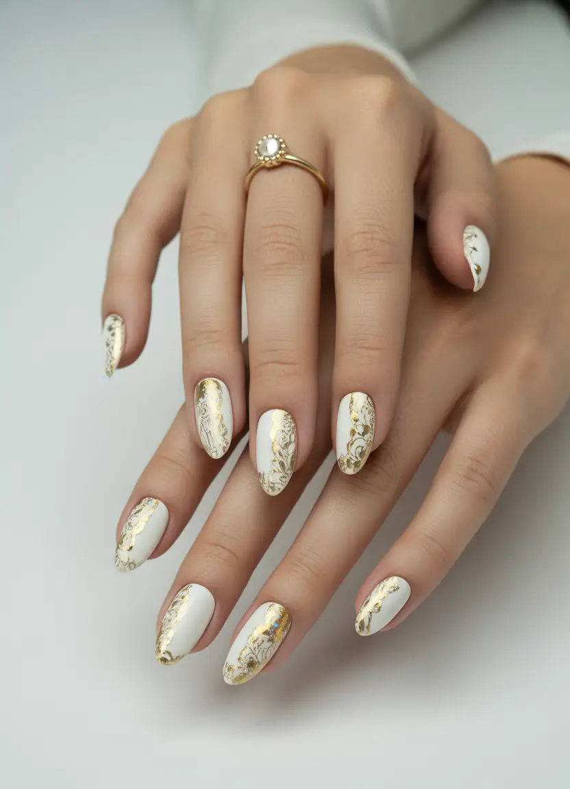 summer white nails ideas 2025 Regal Gold Florals on White