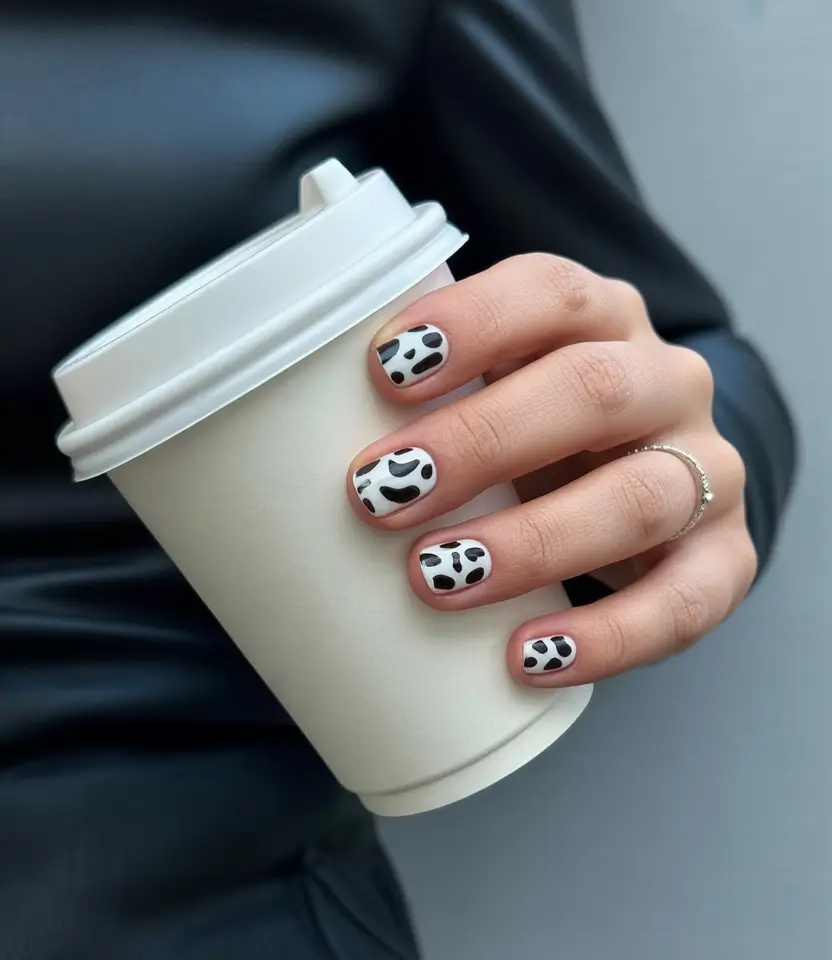 summer white nails ideas 2025 Short & Bold: Cow Print Chic