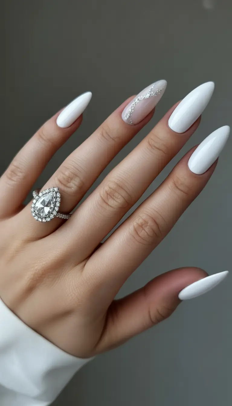 summer white nails ideas 2025 White Stilettos with a Crystal Flicker