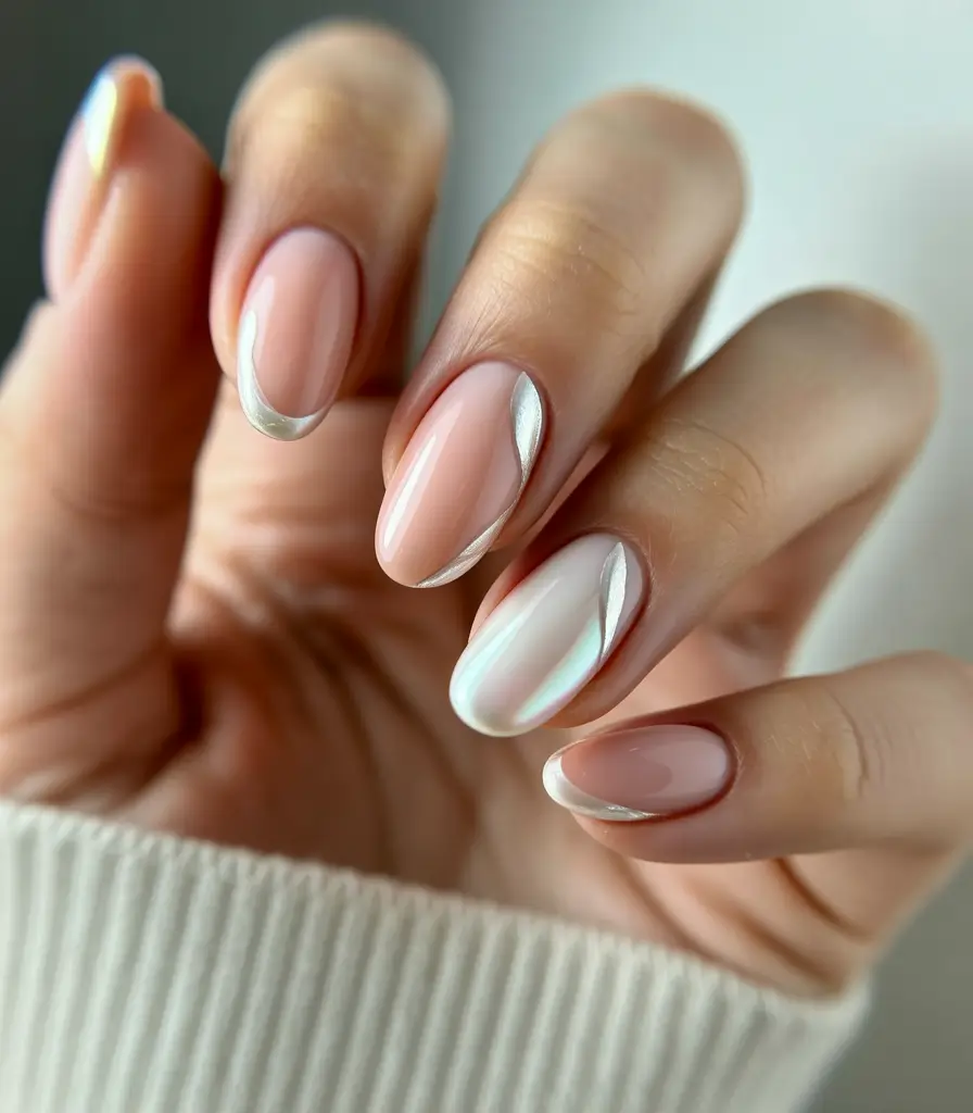 summer white nails ideas 2025 Pearl Swoops & Soft Light
