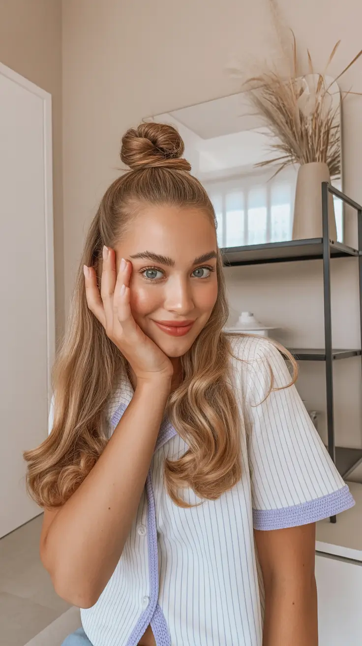 Trendy Medium-Length Hairstyles - Summer 2025 Half-Up Top Knot with Bouncy Ends