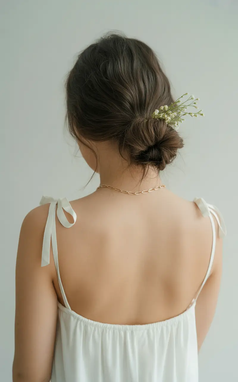 Trendy Medium-Length Hairstyles - Summer 2025 Floral Low Bun with Softly Twisted Layers