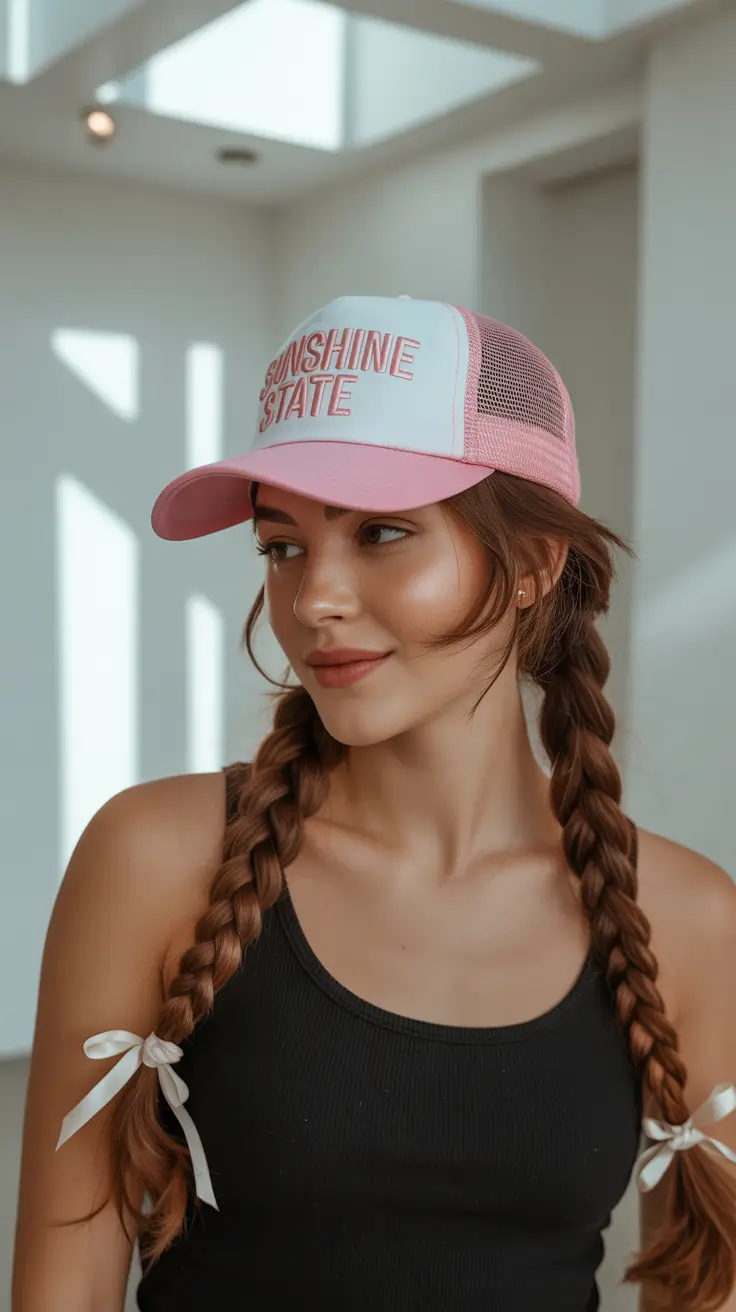 Trendy Pool Day Hairstyles 2025 Quick & Simple Ribbon Braids & Baseball Cap Energy