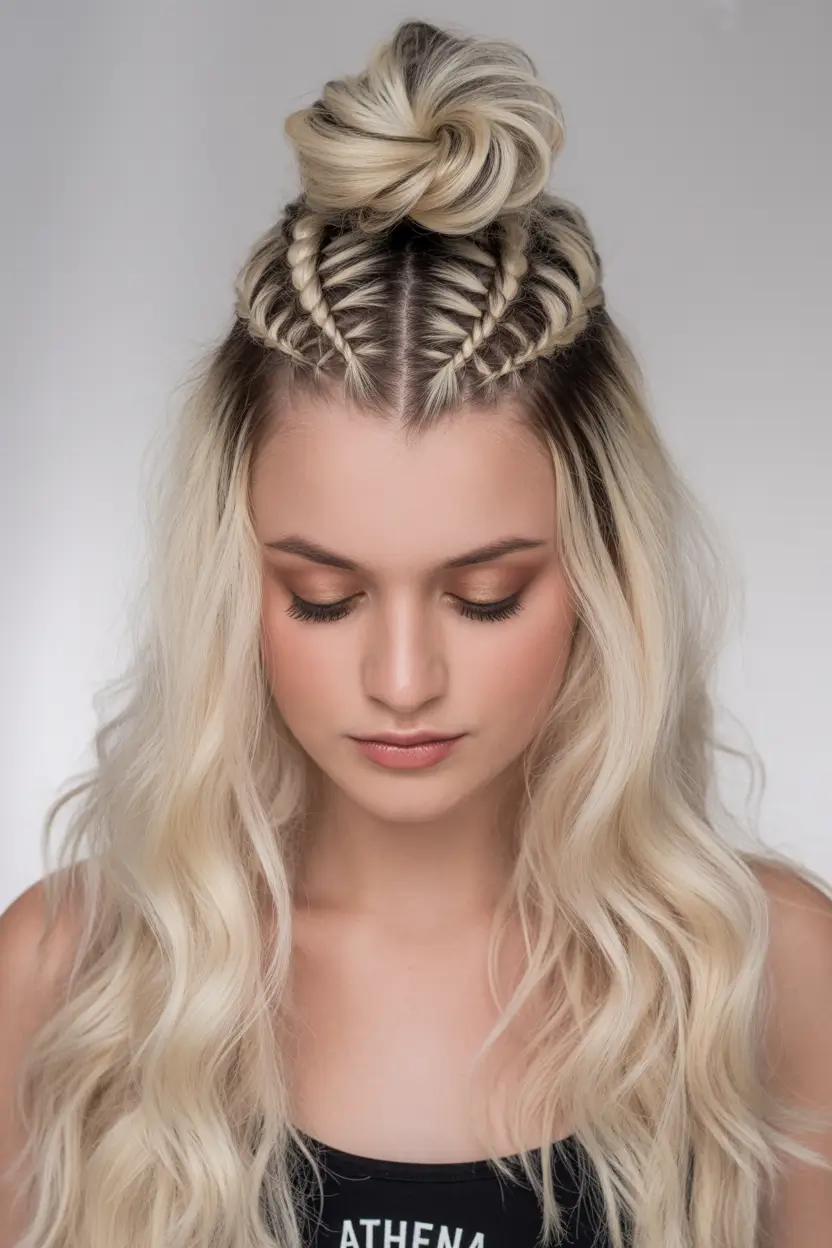 Trendy Pool Day Hairstyles 2025 Quick & Simple Braided Mohawk Half-Up with a Top Knot Twist