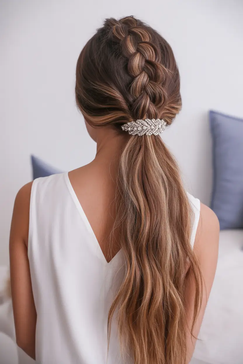 Trendy Pool Day Hairstyles 2025 Quick & Simple Sleek Braided Pony with Statement Clip