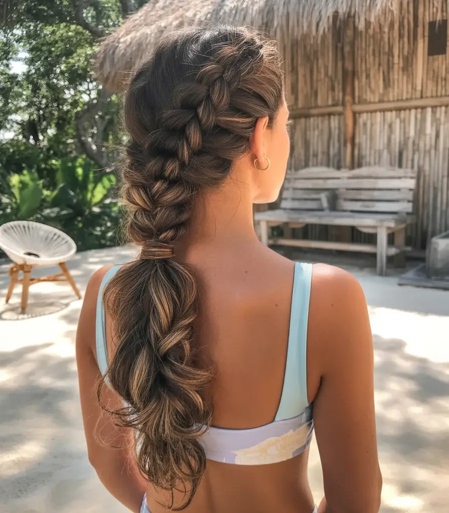 Trendy Pool Day Hairstyles 2025 Quick & Simple Side Plait Meets Textured Pool Pony