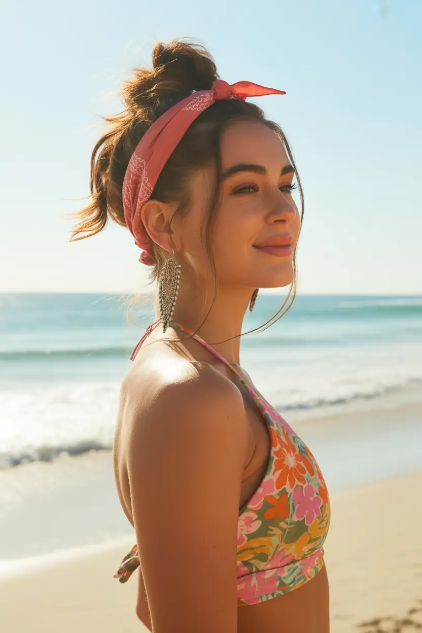 Trendy Pool Day Hairstyles 2025 Quick & Simple Playful Bandana Bun