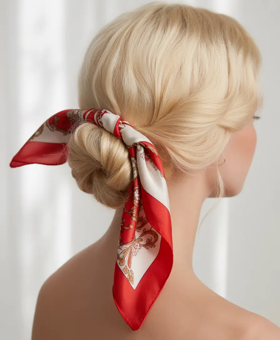 Trendy Pool Day Hairstyles 2025 Quick & Simple Chic Low Knot with Silk Scarf