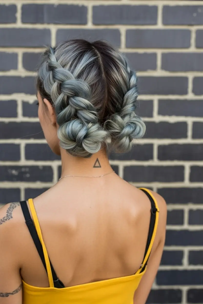 Trendy Pool Day Hairstyles 2025 Quick & Simple Silver-Toned Twin Braided Buns