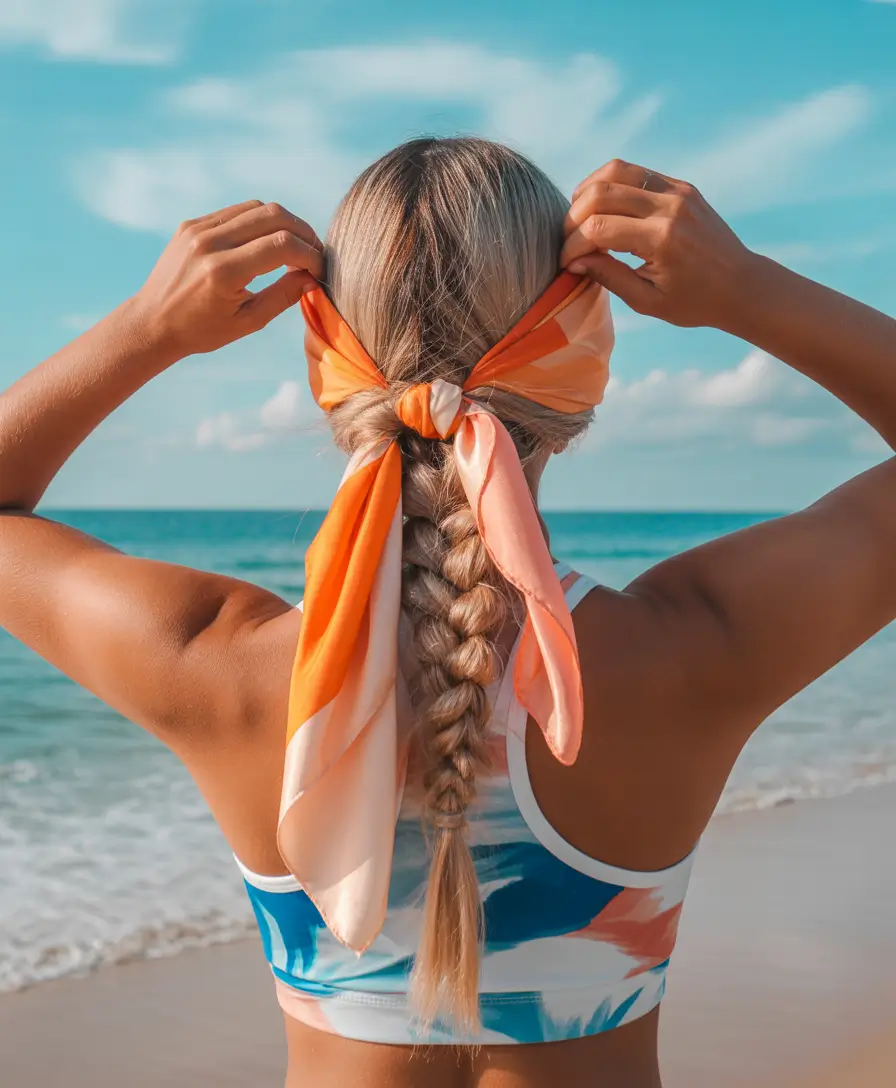 Trendy Pool Day Hairstyles 2025 Quick & Simple Sunset Silk Scarf Braid