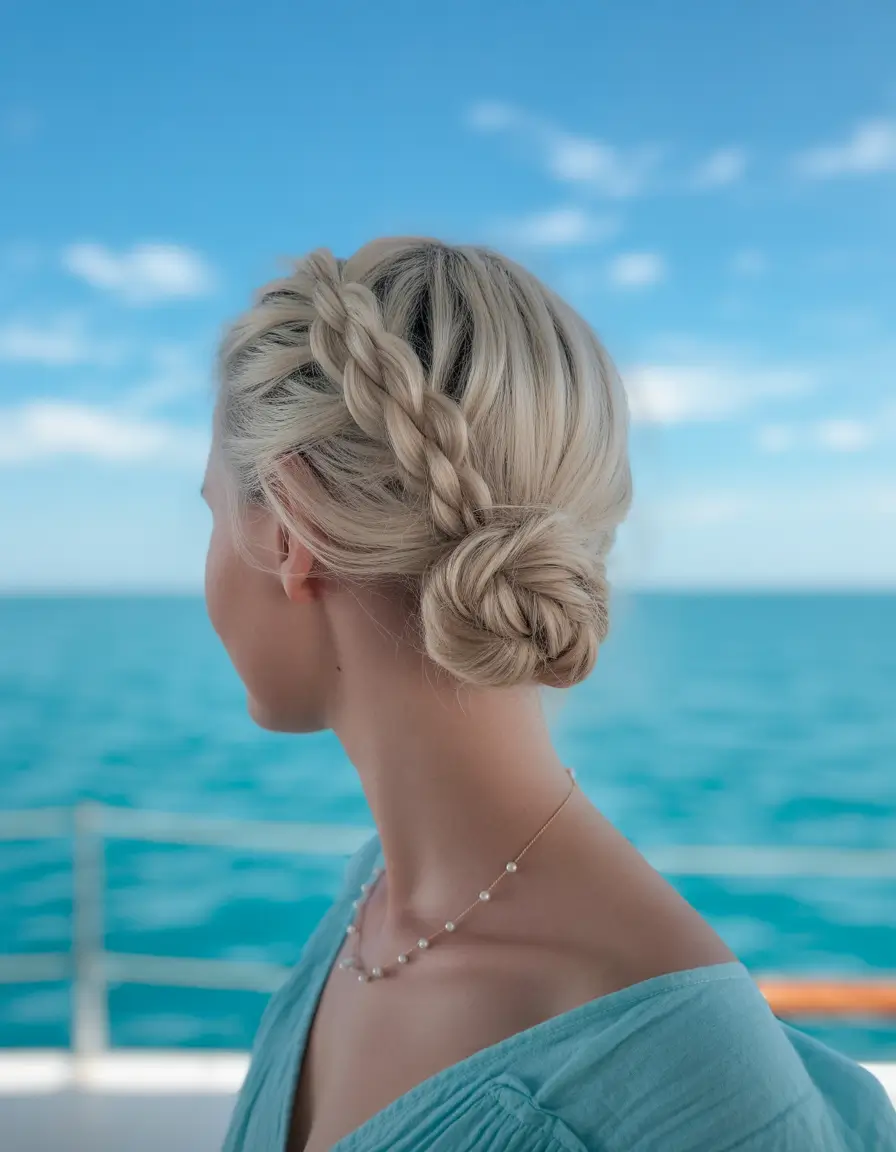 Trendy Pool Day Hairstyles 2025 Quick & Simple Twisted Crown Braid with a Breezy Low Bun