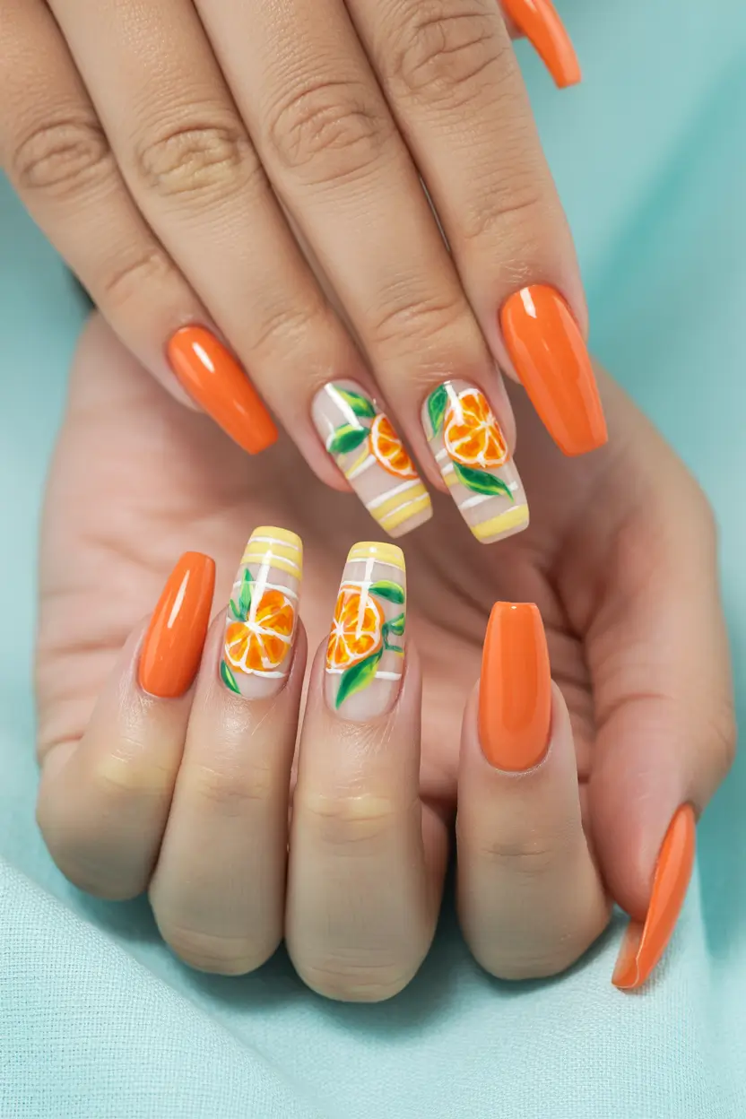 Tropical Fruit Nails ideas 2025 Striped Citrus Pop with Glossy Oranges