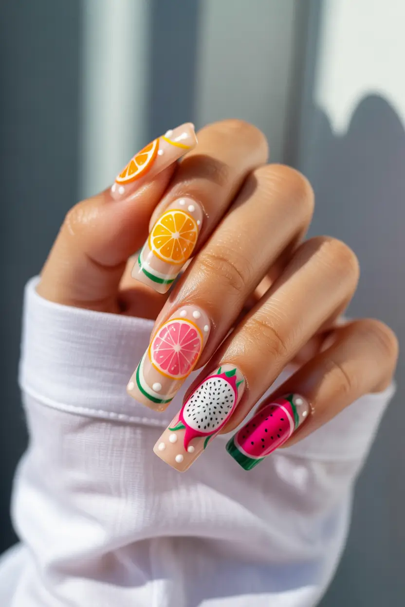 Tropical Fruit Nails ideas 2025 Juicy Polka Pop Citrus & Dragonfruit Delight