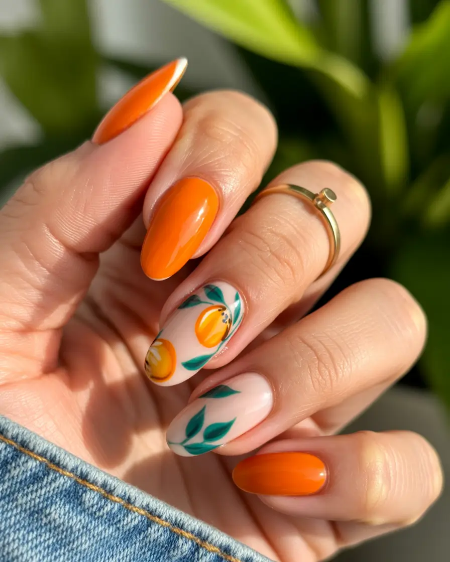 Tropical Fruit Nails ideas 2025 Clementine Crush with Leafy Details