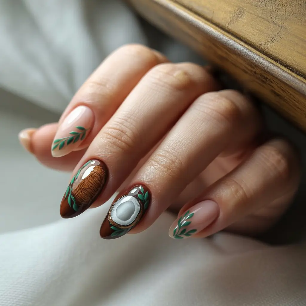 Tropical Fruit Nails ideas 2025 Coconut Shell Chic with Botanical Accents