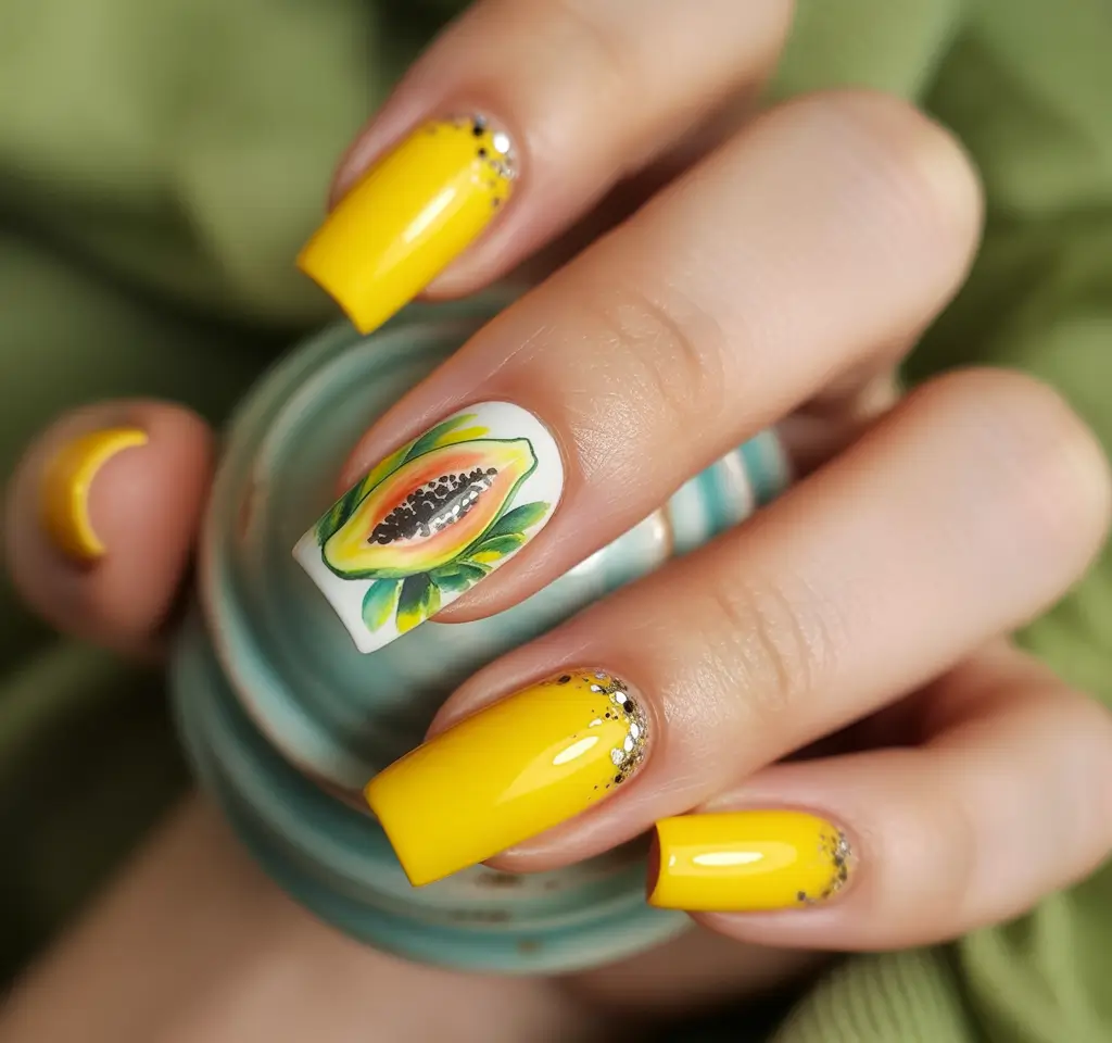 Tropical Fruit Nails ideas 2025 Sunshine Papaya and Gold Speckle Elegance