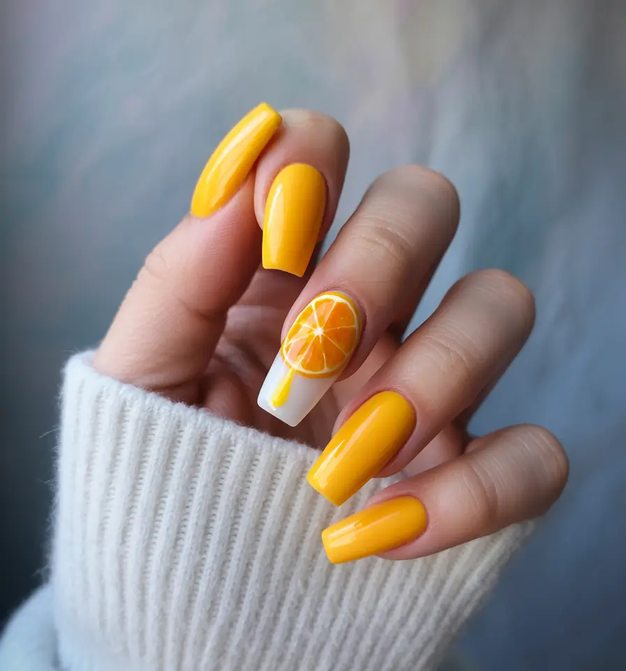 Tropical Fruit Nails ideas 2025 Zesty Citrus Drop with a Graphic Edge