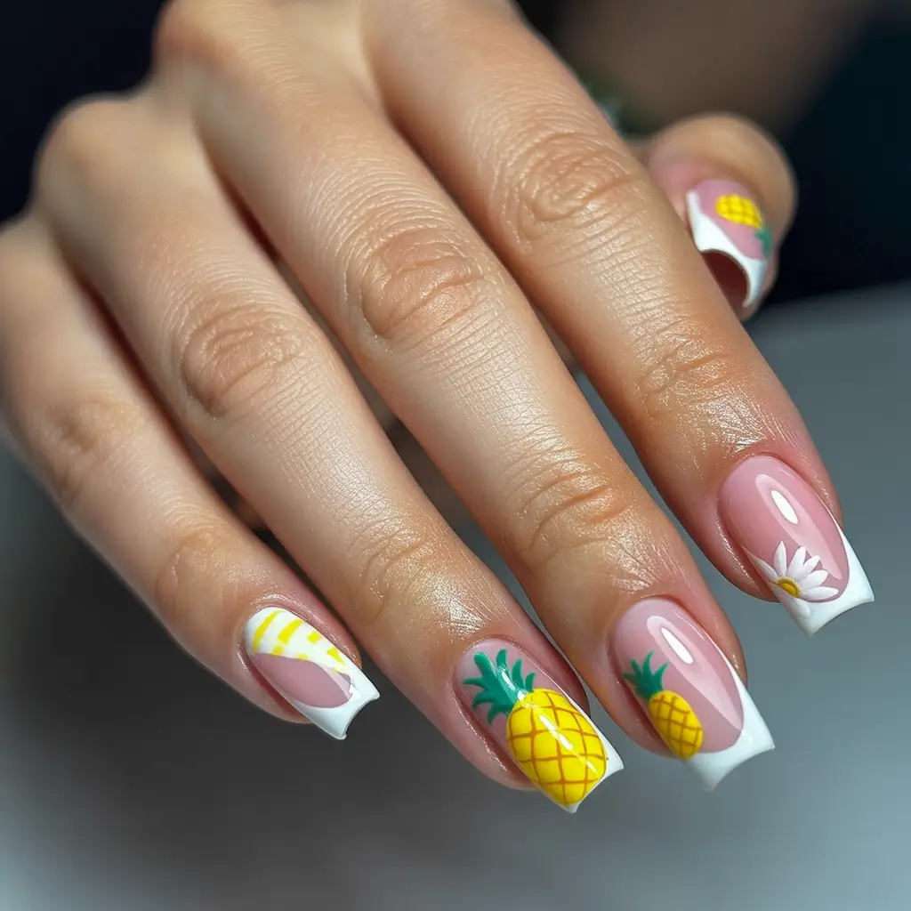 Tropical Fruit Nails ideas 2025 French Whimsy with Pineapple Charm