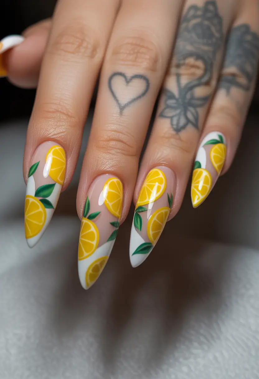 Tropical Fruit Nails ideas 2025 Lemon Garden Drama on Almond Tips