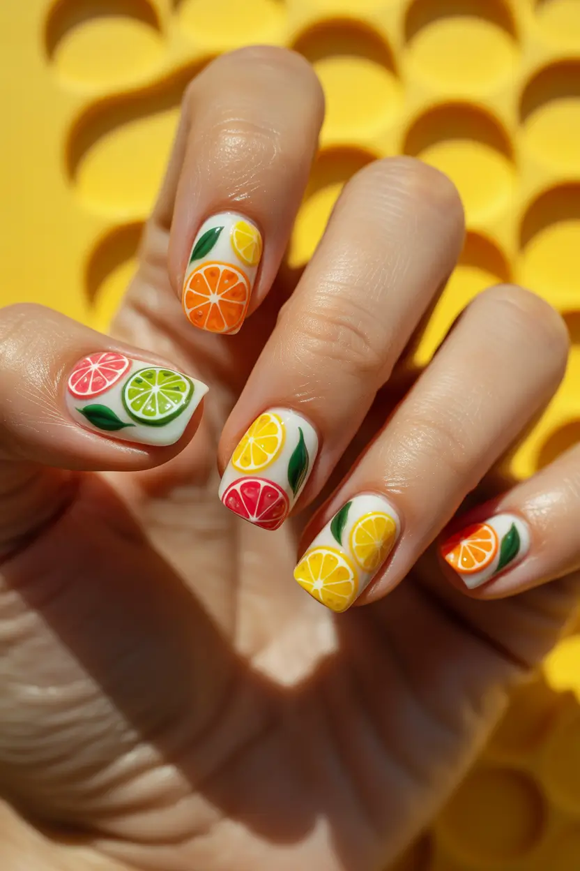 Tropical Fruit Nails ideas 2025 Citrus Confetti on Short Square Canvas