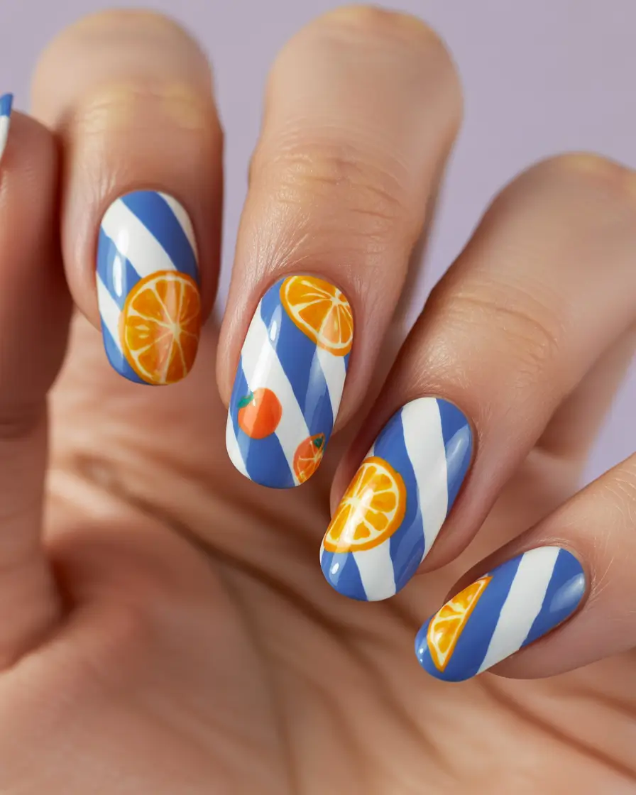 Tropical Fruit Nails ideas 2025 Summer Stripes Meet Orange Slices
