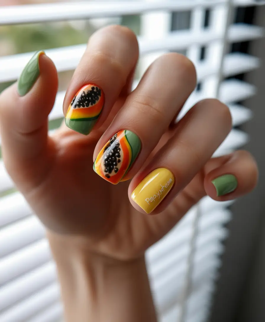 Tropical Fruit Nails ideas 2025 Papaya Punch with Playful Seed Detailing