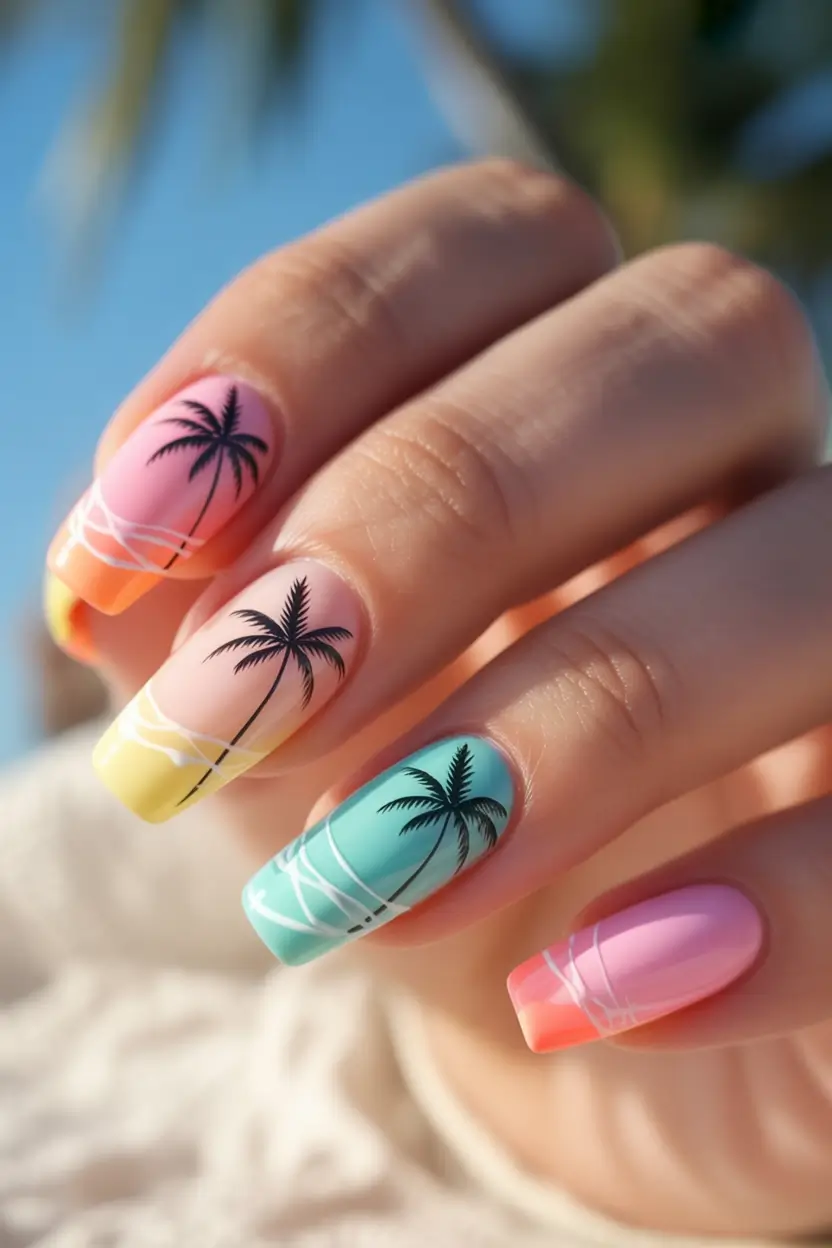 vacation nails ideas 2025 Sunset Palms and Coastal Dreams