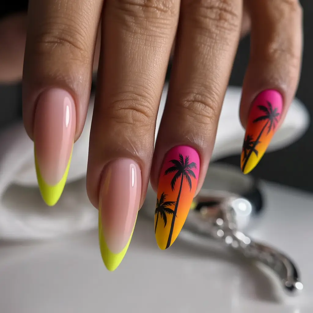 vacation nails ideas 2025 Neon Sunset Vibes