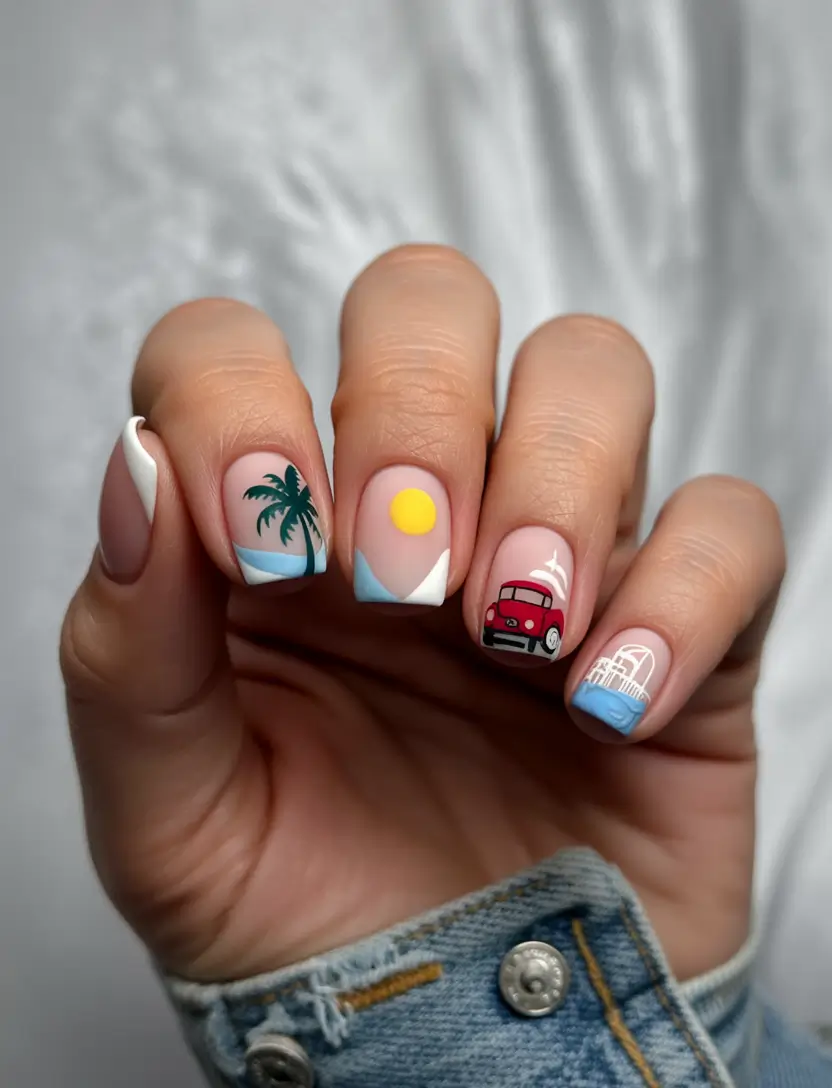 vacation nails ideas 2025 Travel Icon Nails
