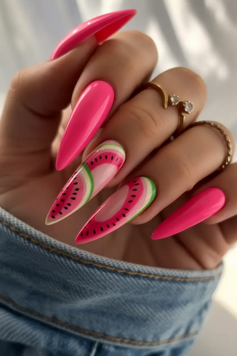 vacation nails ideas 2025+Watermelon Brights for Tropical Days