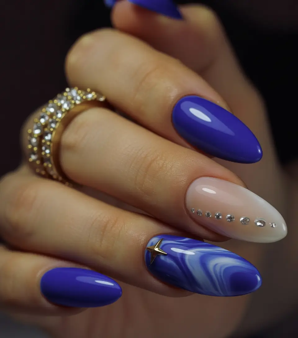 vacation nails ideas 2025+Bold Blue with Cosmic Elegance